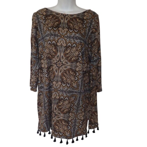 J.Jill Tops - J Jill Women Brown Paisley Black Tassel Hem 3/4 Sleeve Retro Boho Tunic Top‎ M